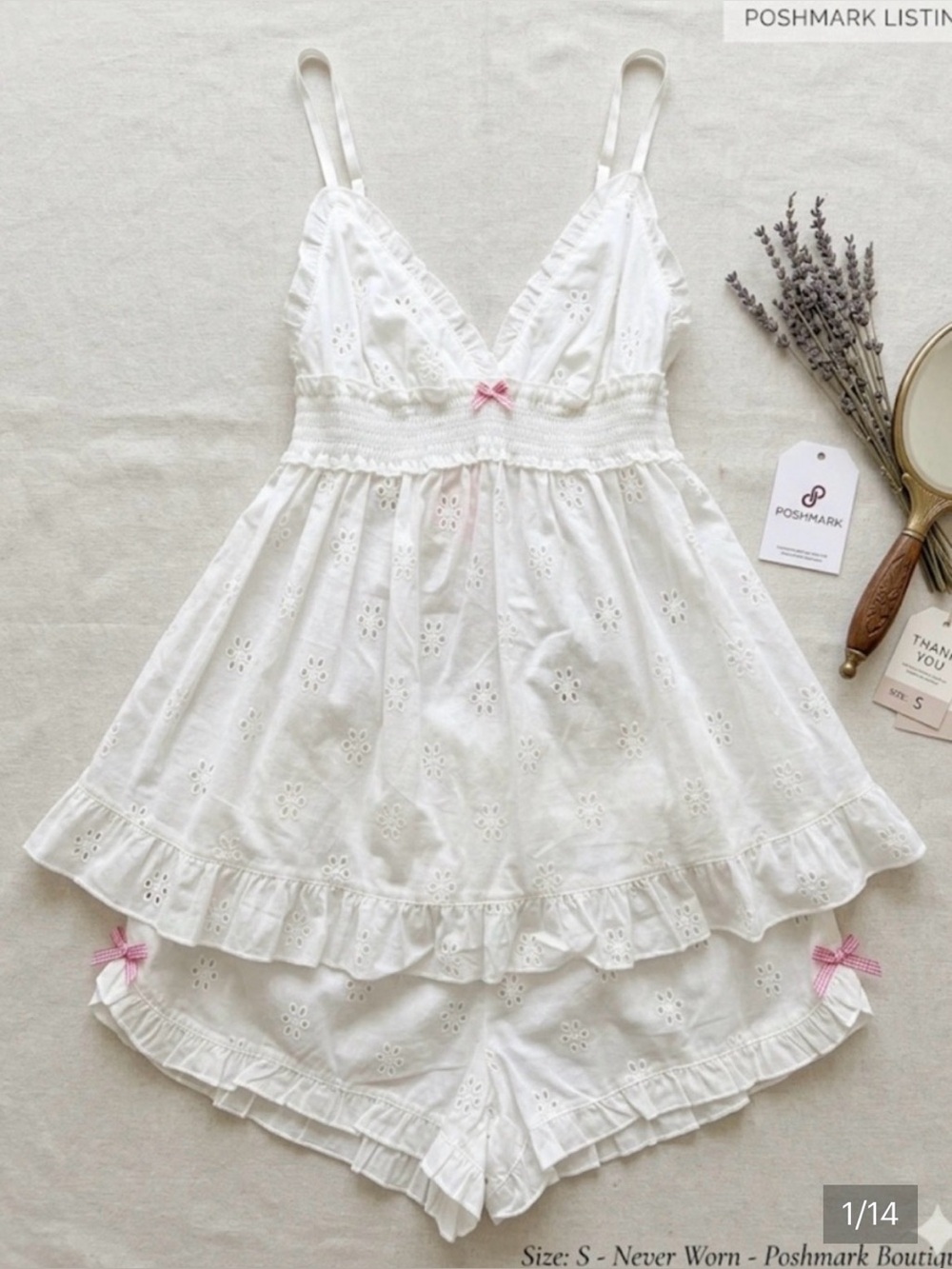 NWT Victoria's Secret White Eyelet Cotton Sleep Set with Pink Bows Sz S